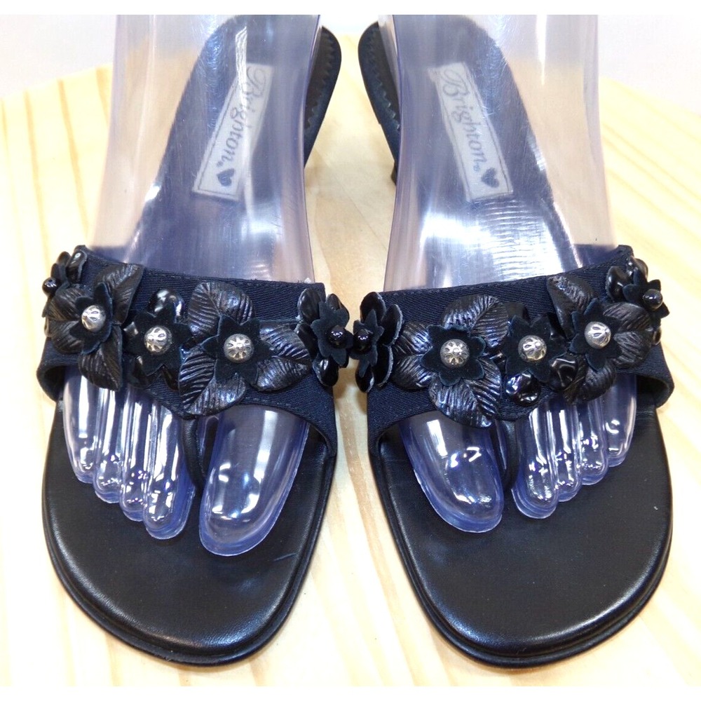 Brighton Tula Kitten Heel Sandals Womens Black Size7 M Open Toe Floral Embellish
